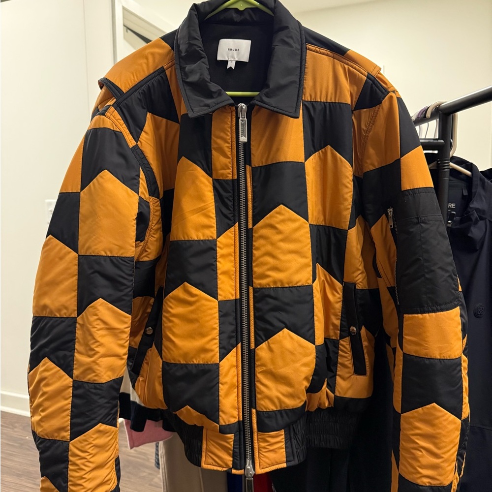 Rhude Black and Orange Hexagonal Puffer Bomber Jacket